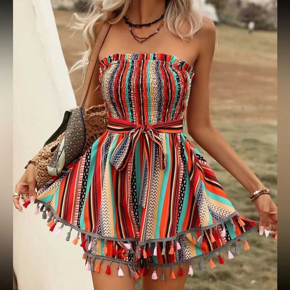 Boho Cottagecore Stripes Print Tassel Belt Tube Top Romper - Picture 4 of 6